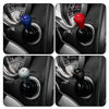 Close-up views of an aluminum engine start button cover with a diamond pattern on a car gear shift.