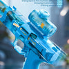 Nahaufnahme einer blauen Z-Lock-Elektro-Wasserpistole, die abgefeuert wird, mit Darstellung des Wasserstrahl-Einflusses.