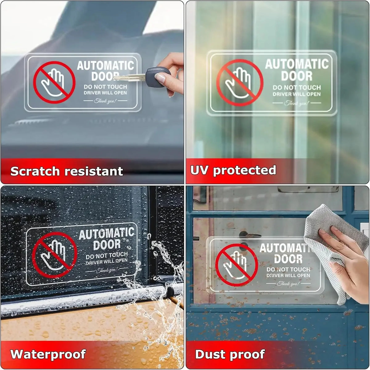 A set of removable vinyl warning stickers for automatic doors showing scratch resistant UV protected waterproof and dust proo