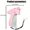 A pink and gray mini handheld stitch gun with a needle and black cord for clothing repairs.