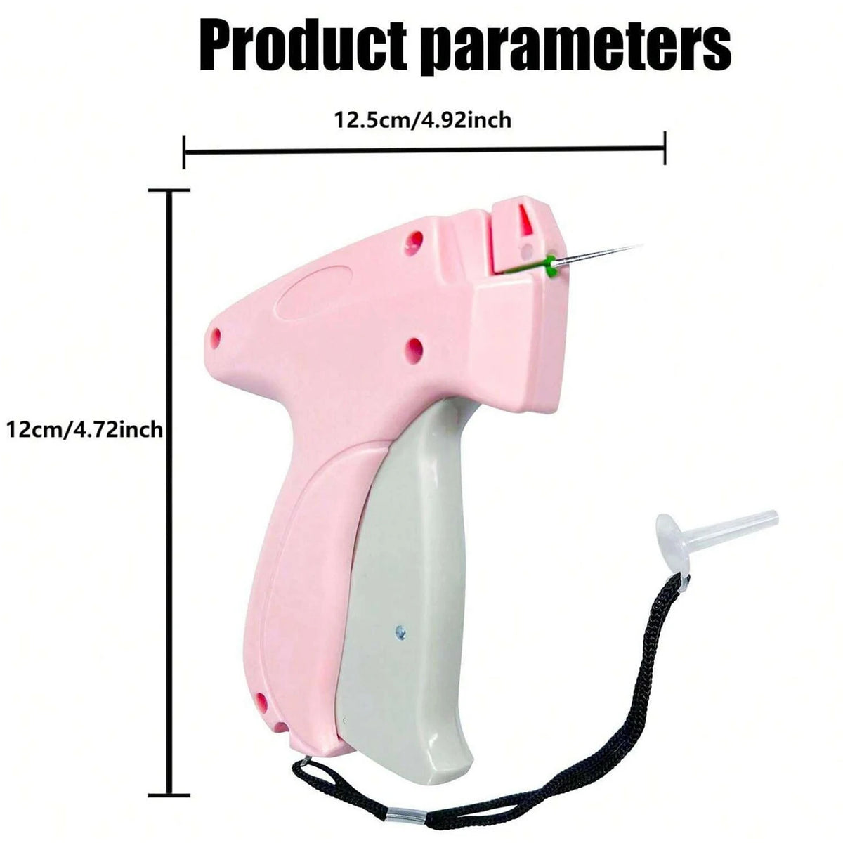 A pink and gray mini handheld stitch gun with a needle and black cord for clothing repairs.