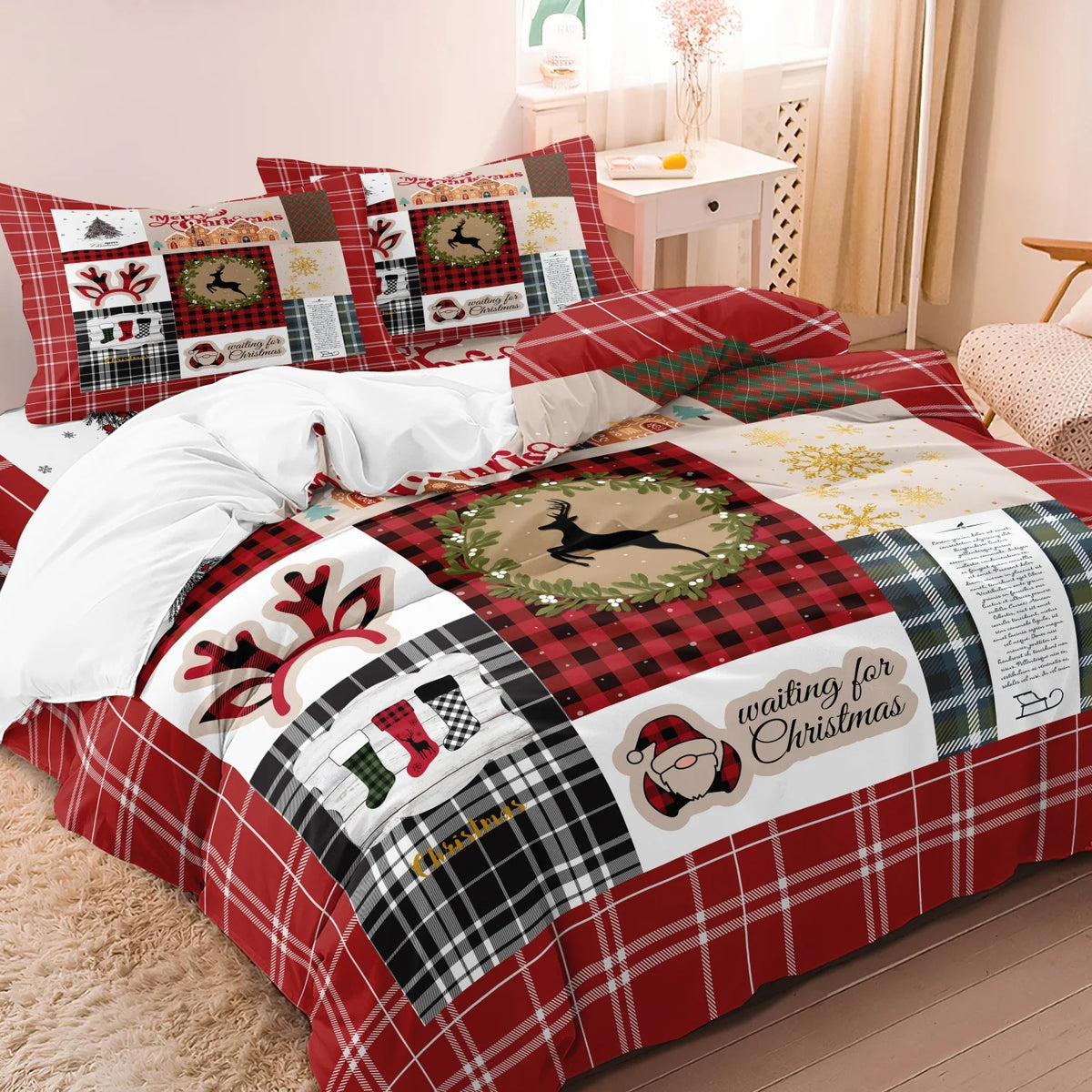 Holiday Plaid Reindeer Duvet Cover Set - Ultra-Soft Cozy Bedding