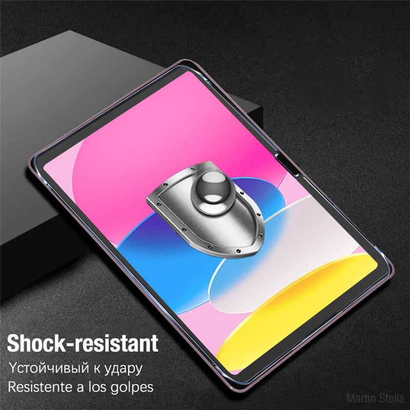 Shock-resistant tempered glass screen protector for an iPad displaying a pink and blue gradient background.