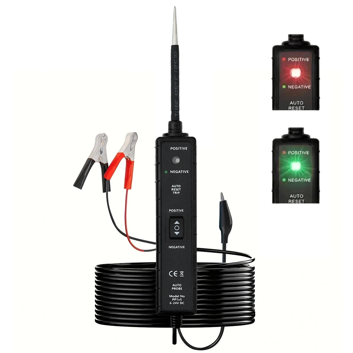 A black automotive circuit tester device with a probe and cable, showing positive and negative test indicators.