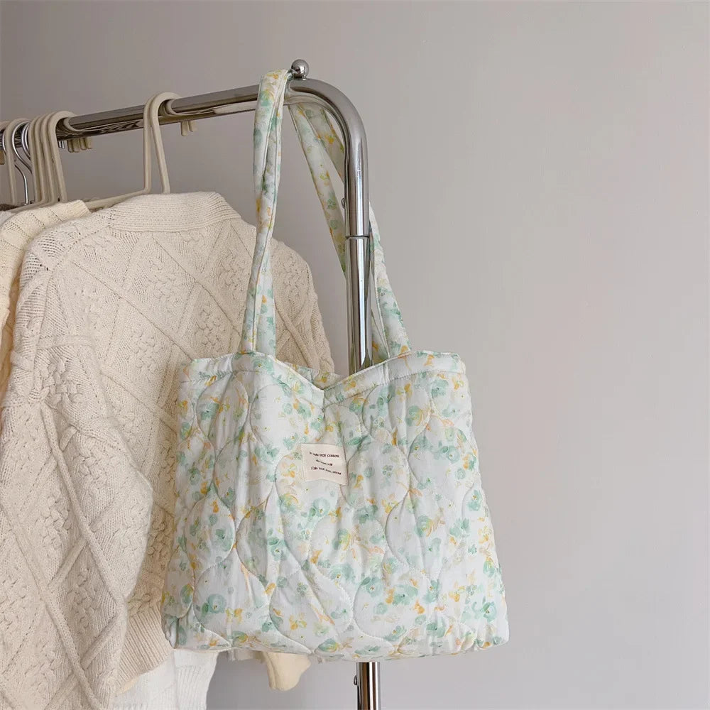 Quilted Floral Cotton Tote Bag with Padded Handle