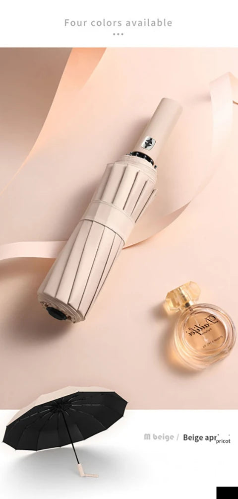 A beige automatic compact folding umbrella is shown next to its product packaging.