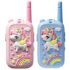 Two pink and blue kids video walkie talkies with unicorn designs and HD cameras
