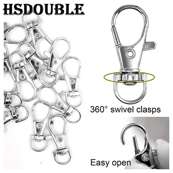 A collection of silver swivel clasps and snap hooks with key rings, demonstrating 360-degree swivel and easy opening.