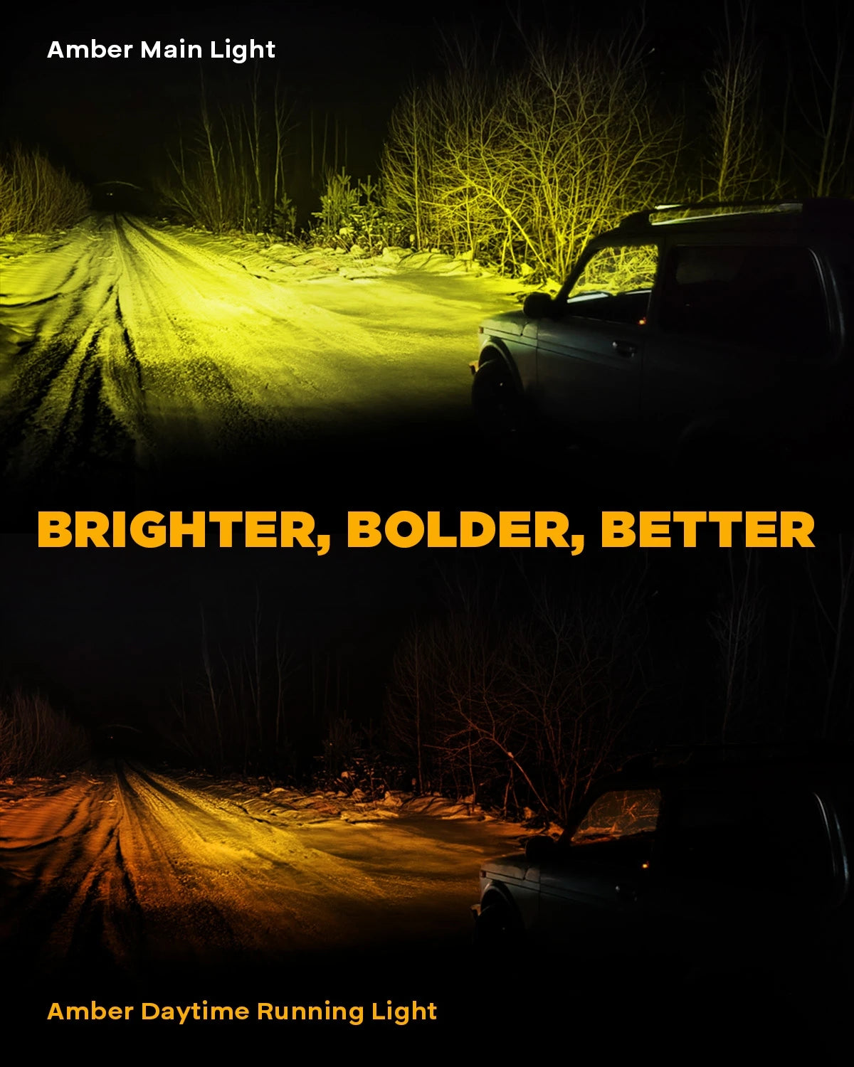 Comparison of Amber Main Light and Amber Daytime Running Light illumination on a road.