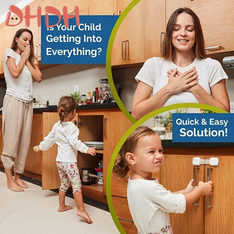 A mother is shown using adjustable baby safety locks on kitchen cabinets and drawers for childproofing.