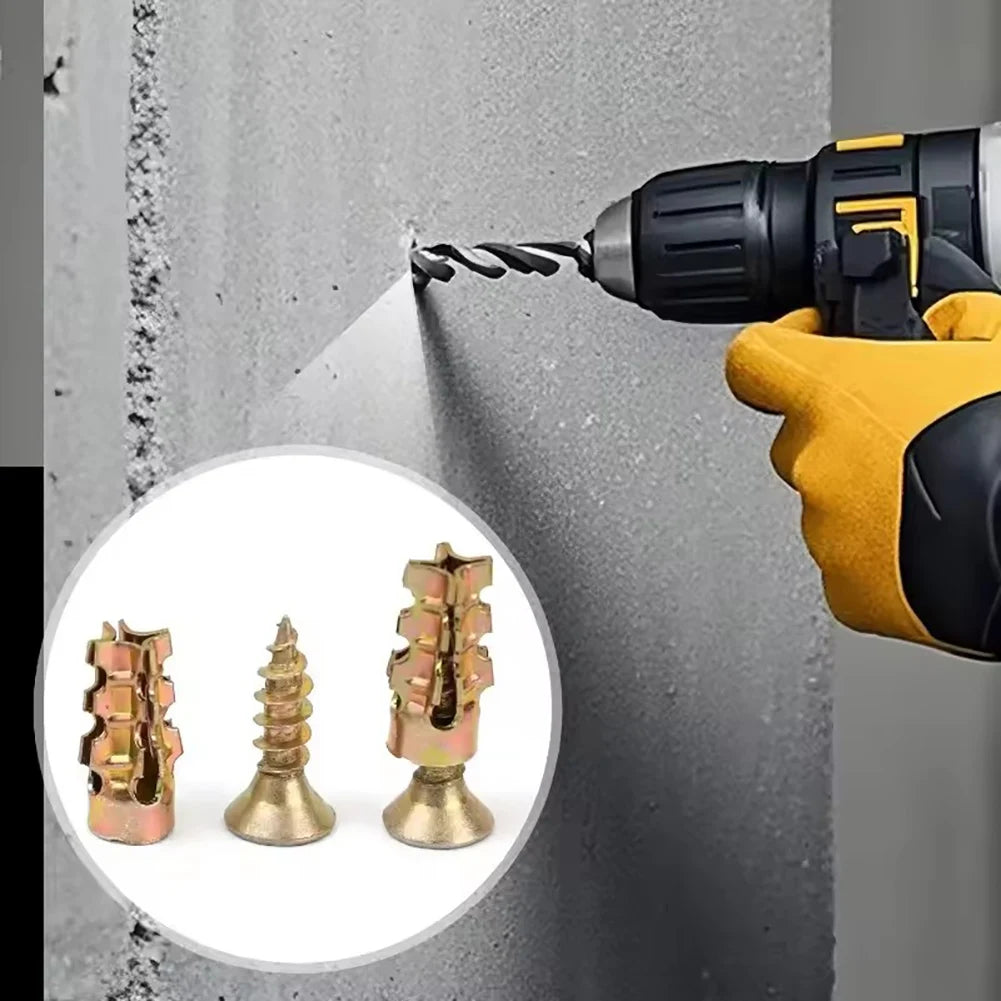 A power drill is installing heavy-duty self-tapping wall anchors into a concrete surface.