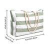 A striped canvas shoulder bag in white and olive green with beige rope handles.
