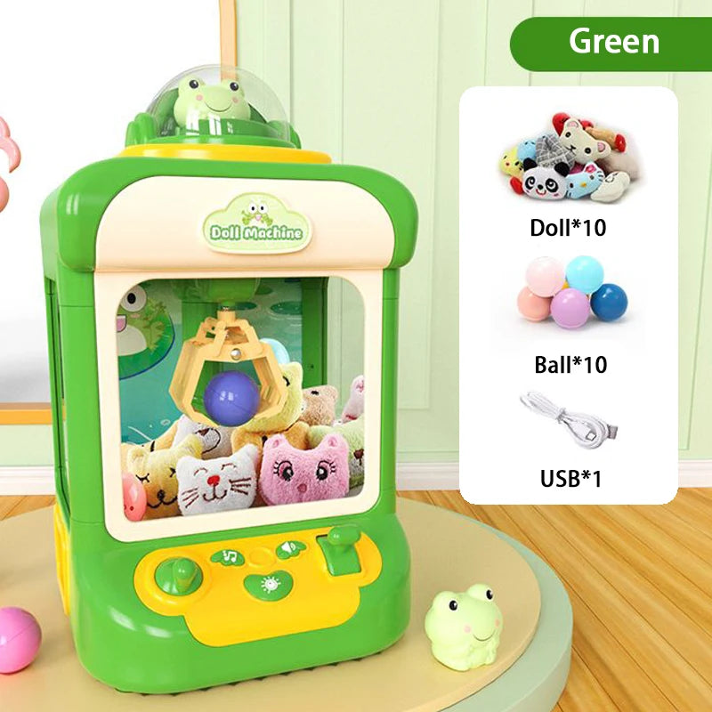 A green mini claw crane machine for kids with lights and music, featuring various plush toys and a green frog.
