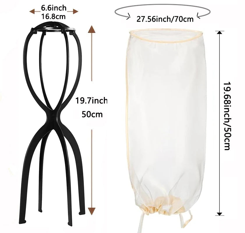 Support pour perruque noire réglable avec sac de rangement blanc et ses dimensions.
