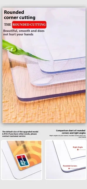 A clear PVC waterproof table protector shows a rounded corner design on a wooden surface.