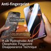 A hand holds an iPhone displaying a screen protector, demonstrating the anti-fingerprint disappearance technique.