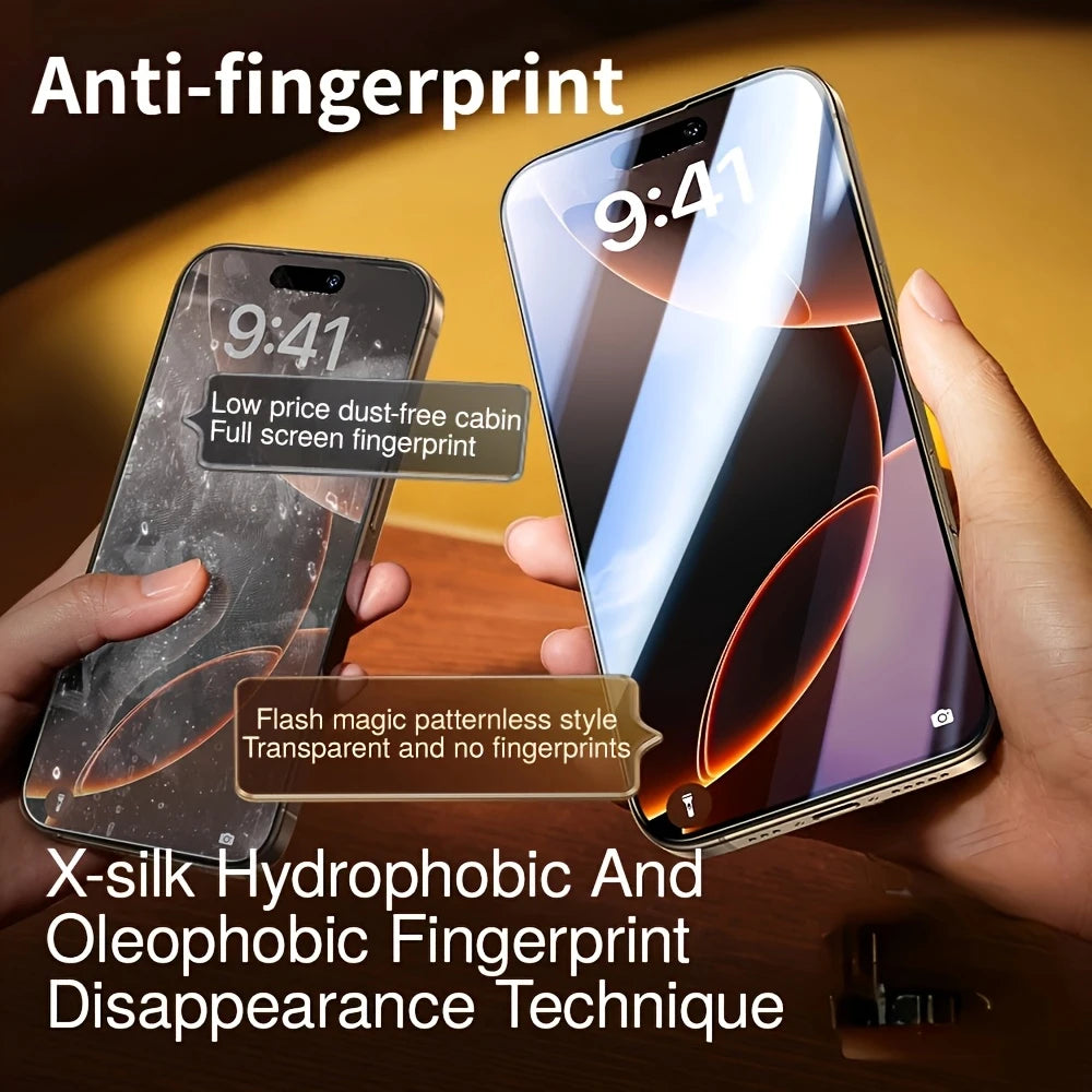 A hand holds an iPhone displaying a screen protector, demonstrating the anti-fingerprint disappearance technique.