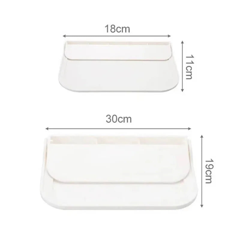 White foldable no-drill wall shelf with dimensions 18cm by 11cm and 30cm by 19cm.