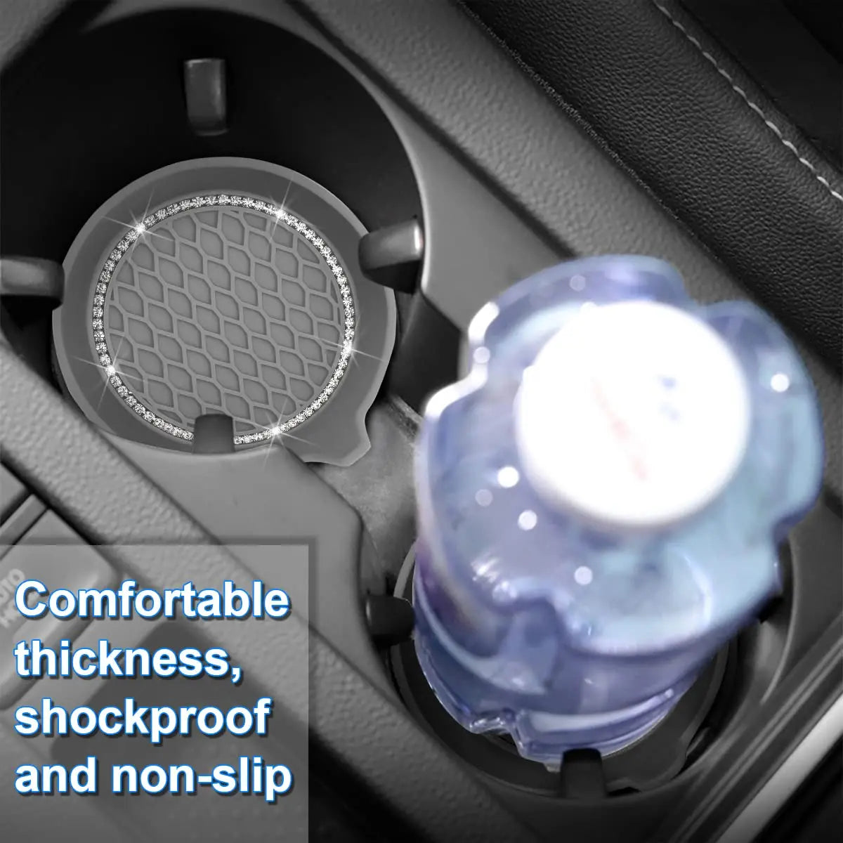 A clear silicone cup holder with a rhinestone pattern is shown in a car interior setting.