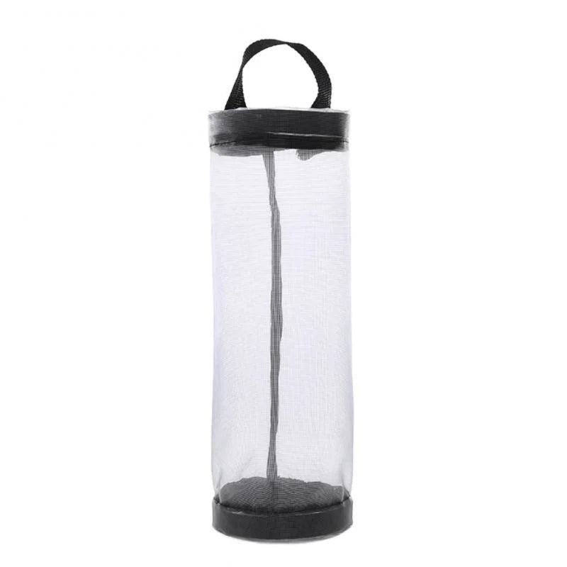 A clear plastic bag dispenser with a black handle and base, designed for organizing bags.