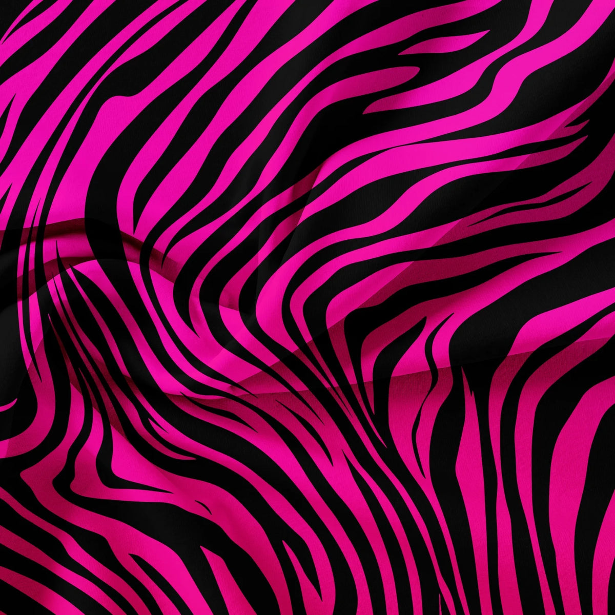 A vibrant pink and black zebra print fabric texture with flowing, wavy lines.