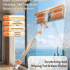 A black technology window cleaning tool with a rotating squeegee head and extension handle is shown cleaning a window.