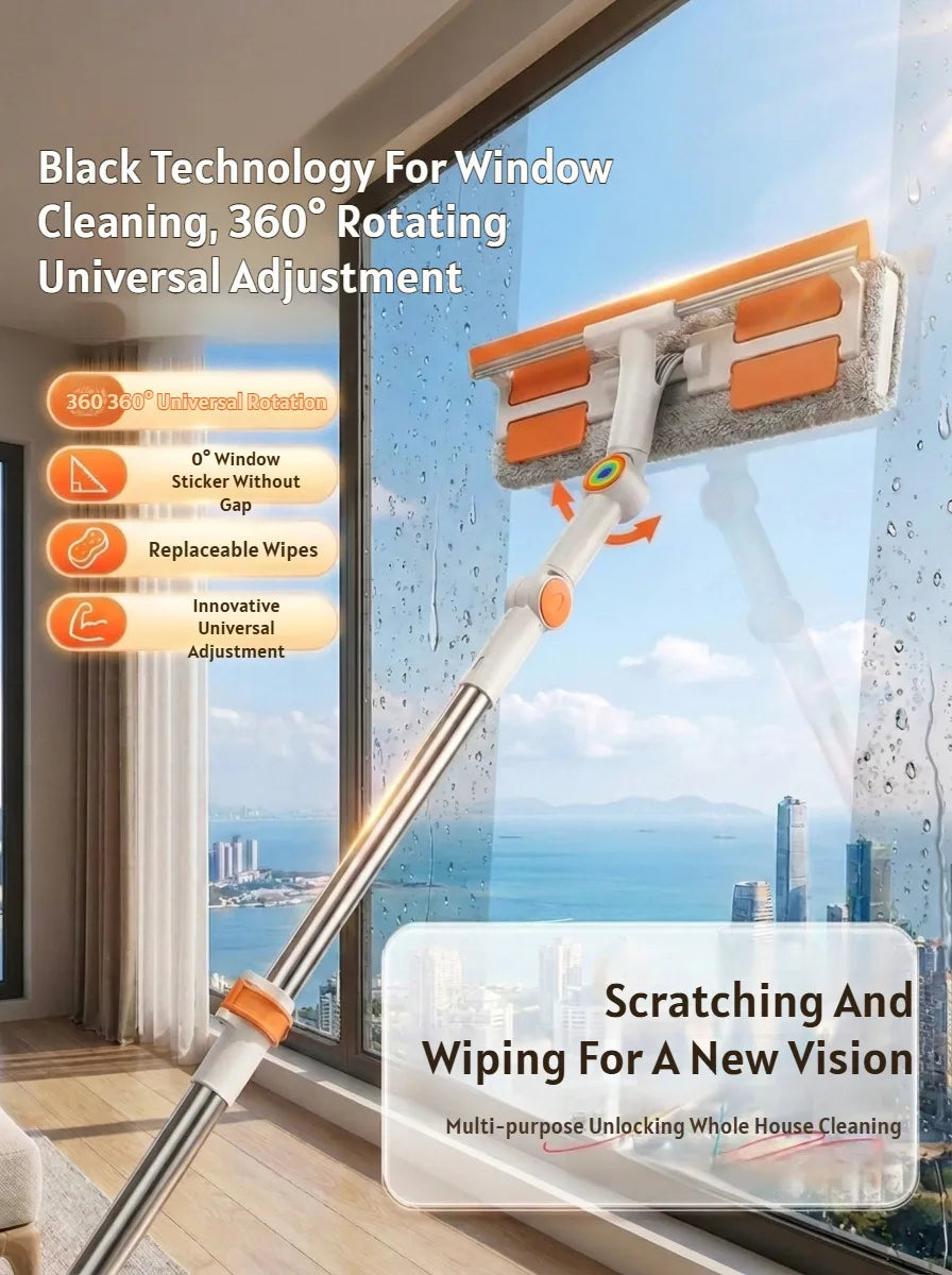 A black technology window cleaning tool with a rotating squeegee head and extension handle is shown cleaning a window.
