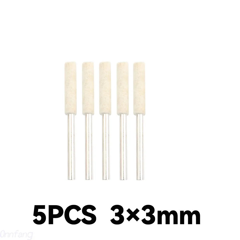 Five pieces of beige wool felt polishing wheels with 3mm shank for rotary tools