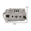 A light gray cute cat plush pencil case with a zipper closure and attached ear loop.
