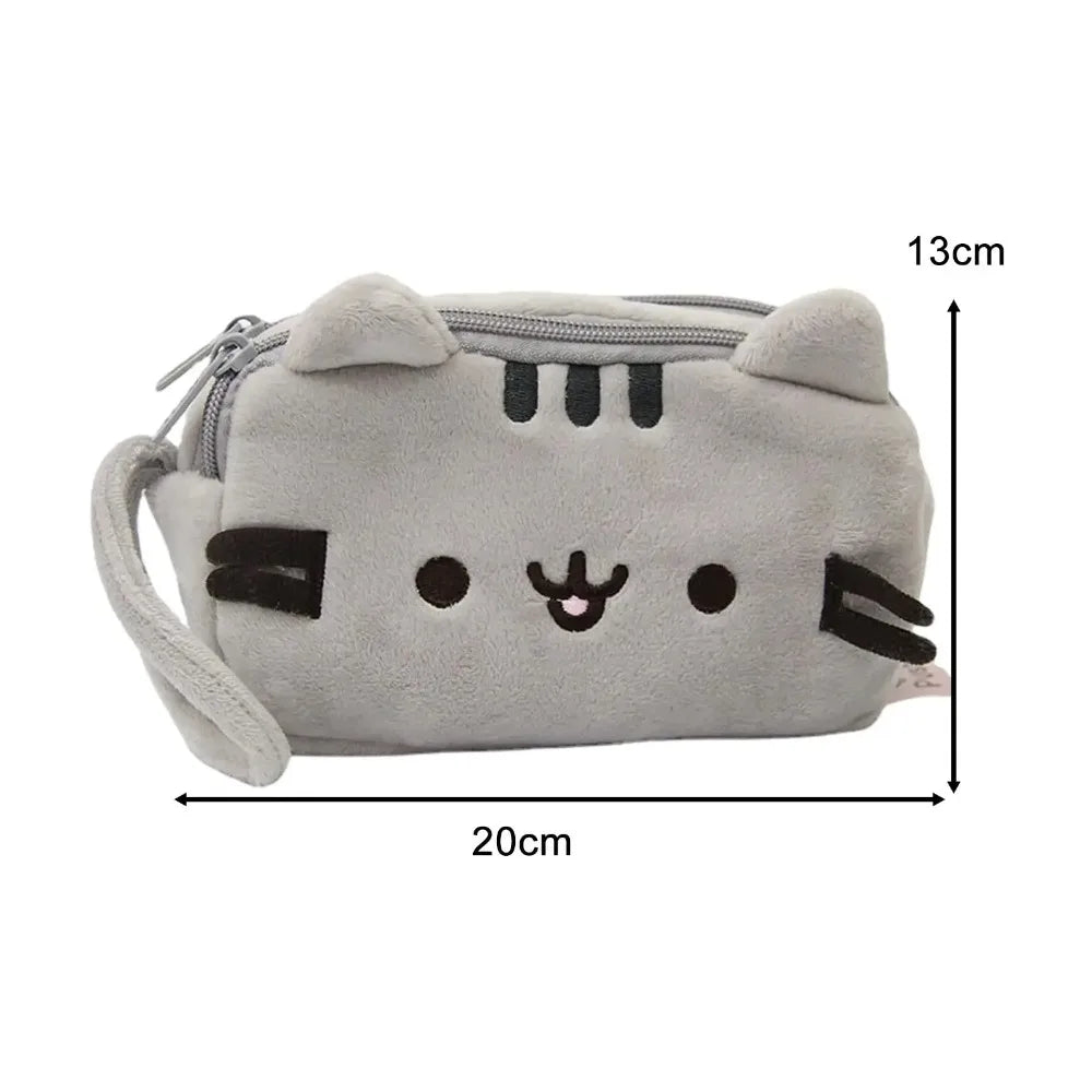 A light gray cute cat plush pencil case with a zipper closure and attached ear loop.