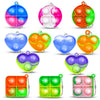 A collection of colorful mini pop keychain fidget toys in various shapes and colors.