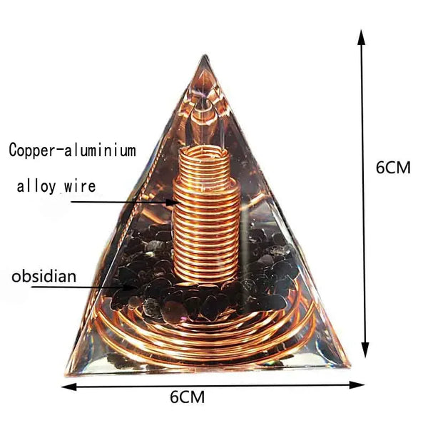 A triangular ornament made of obsidian with a spiral copper-aluminum alloy wire inside.