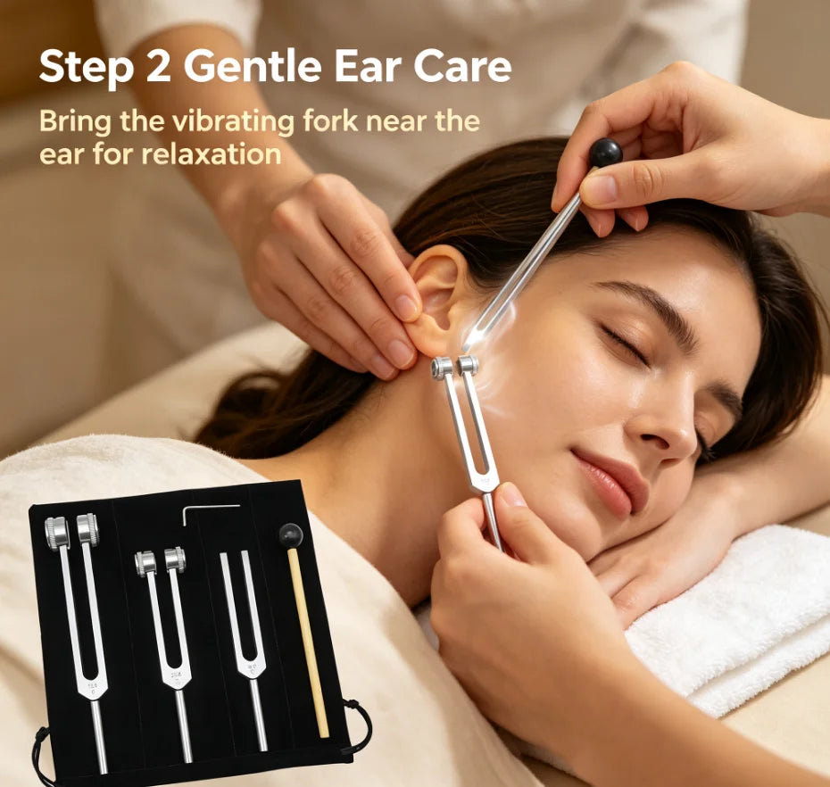 A woman is receiving gentle ear care with a tuning fork placed on her ear for relaxation.