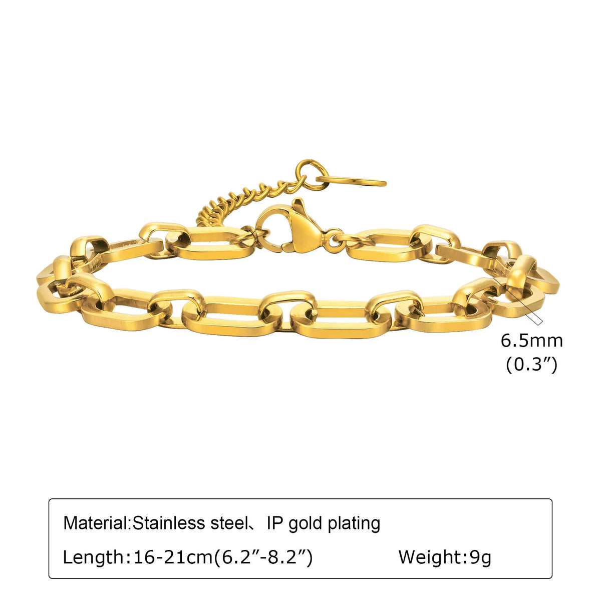 A chunky gold plated stainless steel link necklace with a chain length of 16-21cm and a weight of 9g.