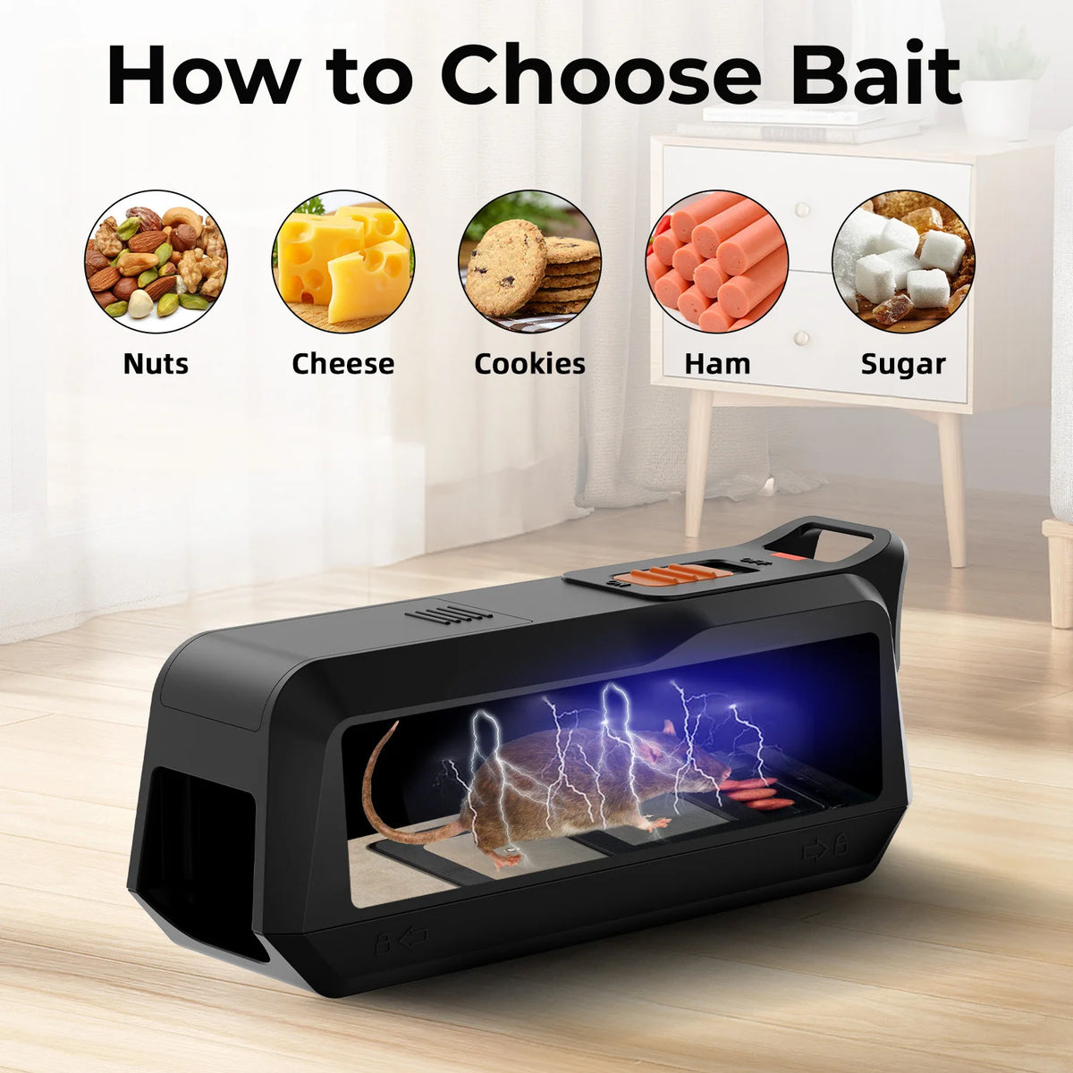 A black electric mousetrap device is shown with various baits like nuts, cheese, cookies, ham, and sugar displayed in the cha