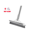 A silver mop clamp and a rotating floor scrub brush with a long handle.