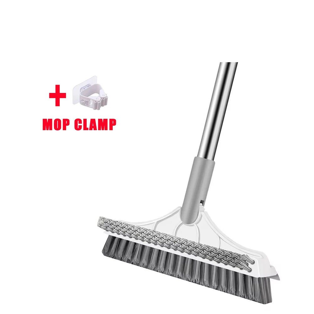 A silver mop clamp and a rotating floor scrub brush with a long handle.