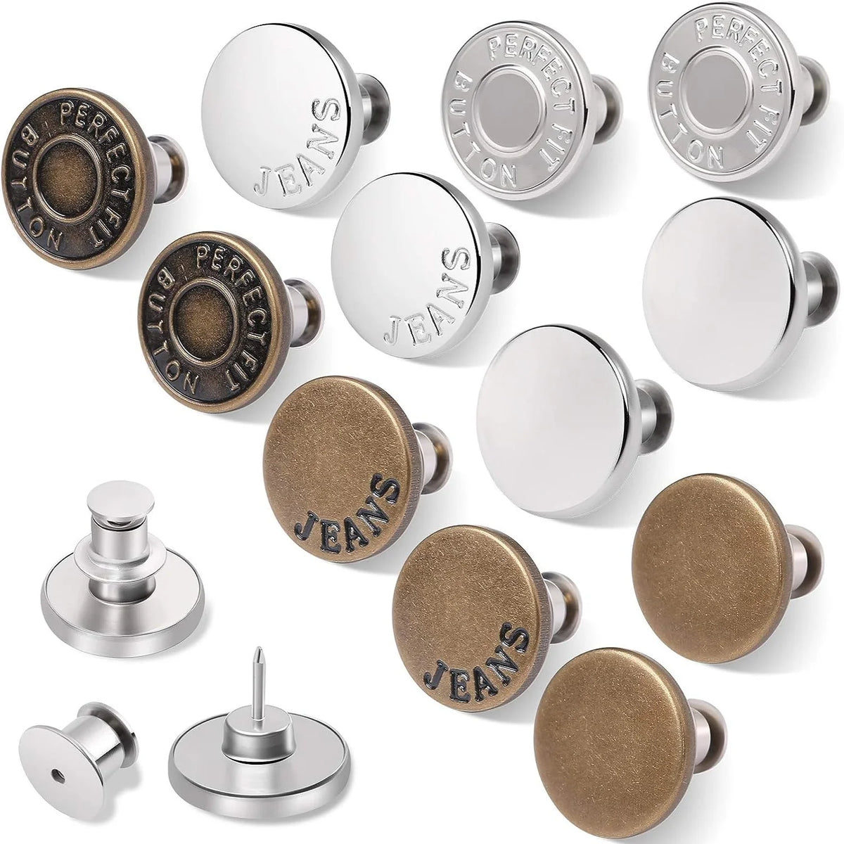 A collection of metal snap buttons in various sizes and finishes, including brass and silver tones.