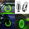Various views of motion-activated LED tire valve lights installed on a bicycle, car, and motorcycle wheel.