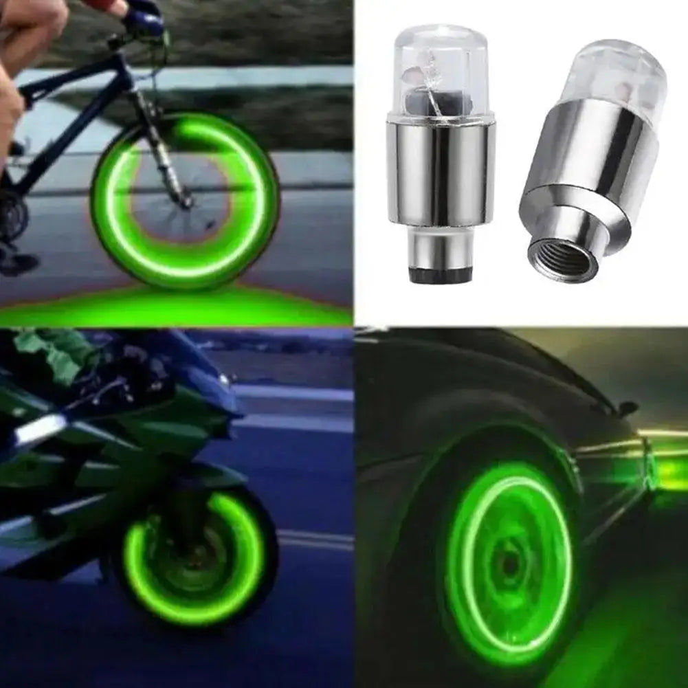 Various views of motion-activated LED tire valve lights installed on a bicycle, car, and motorcycle wheel.