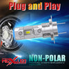 Plug and Play NON-POLAR LED headlight bulb with Canbus technology shown against a blue background.