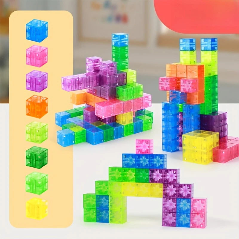 A collection of colorful, transparent magnetic building blocks stacked and arranged in various shapes and sizes.