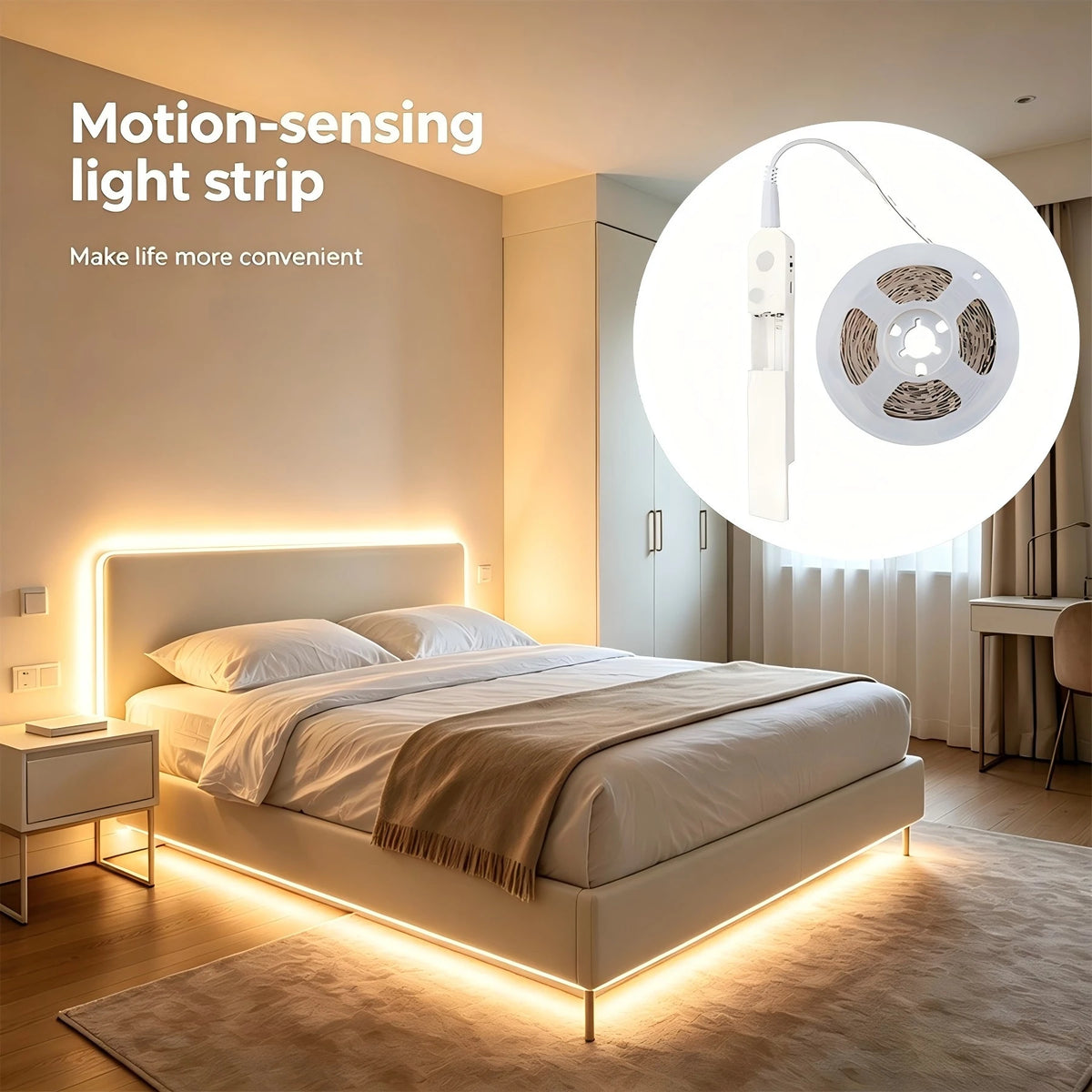 A motion-sensing light strip illuminates a modern bedroom, highlighting a bed and bedside area.