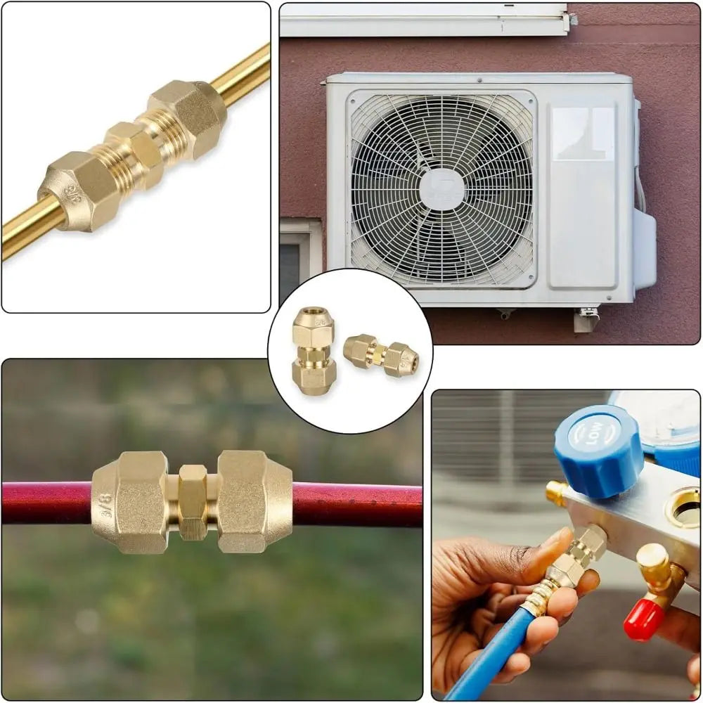 Various copper pipe extension fittings and flare nuts are shown in different contexts, including a fan housing and a hand-hel