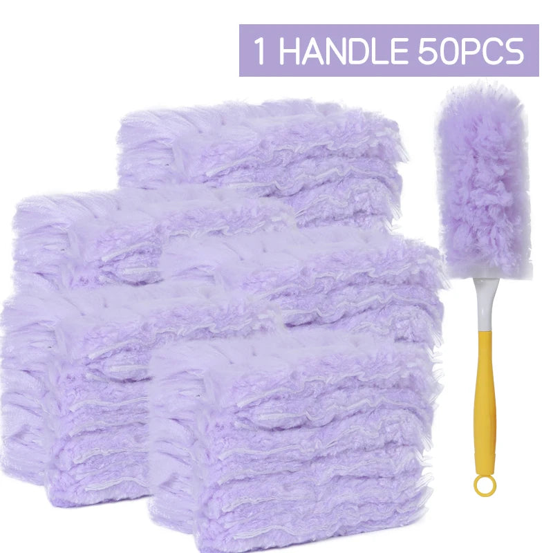A set of 50 purple feather dusters with handles for cleaning ceilings and desktops.