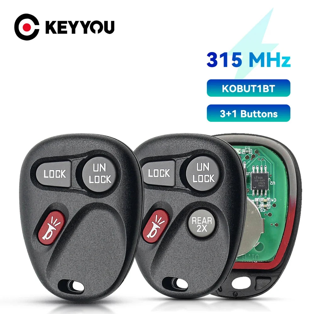 A pair of black replacement remote car key fobs with lock and unlock buttons shown next to an internal view.