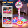 A pink kid star microphone stand with dazzling cool lights and a sturdy base.