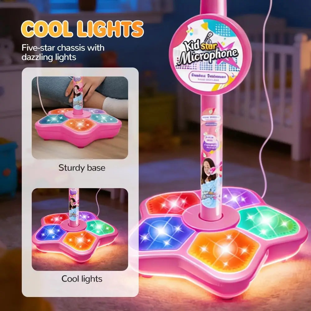 A pink kid star microphone stand with dazzling cool lights and a sturdy base.