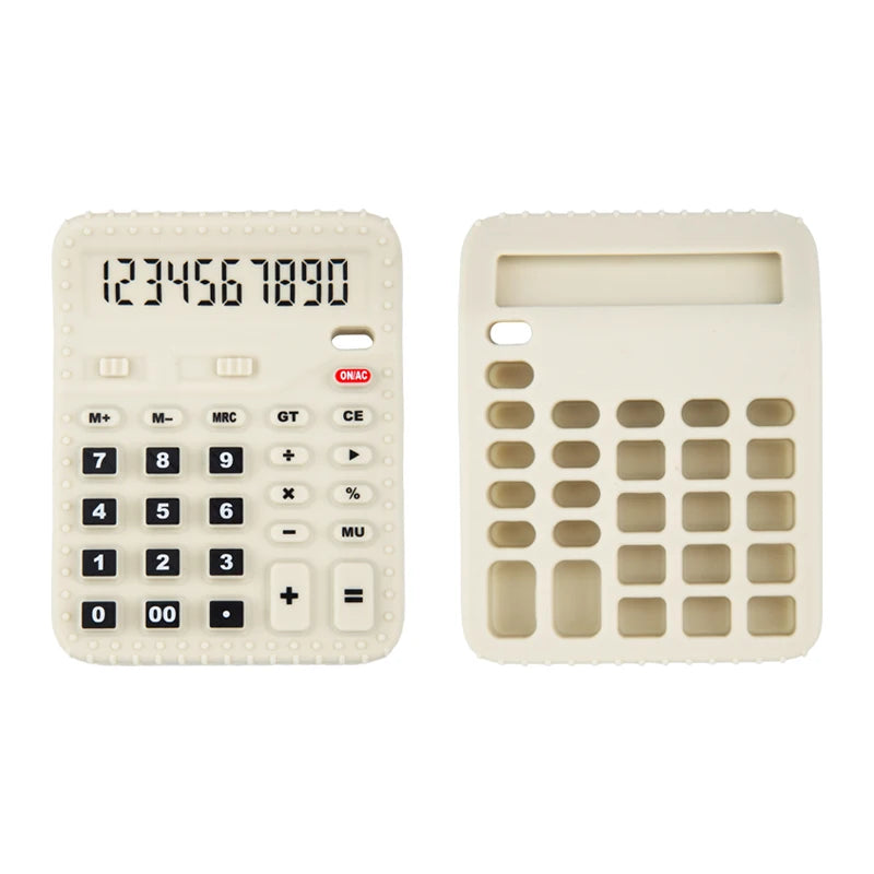 A white silicone baby teether toy shaped like a remote control with a numeric keypad.