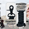 Clips tácticos variados, incluyendo un sujetador de cordón de paracord de nylon y una pinza de caimán para asegurar objetos.